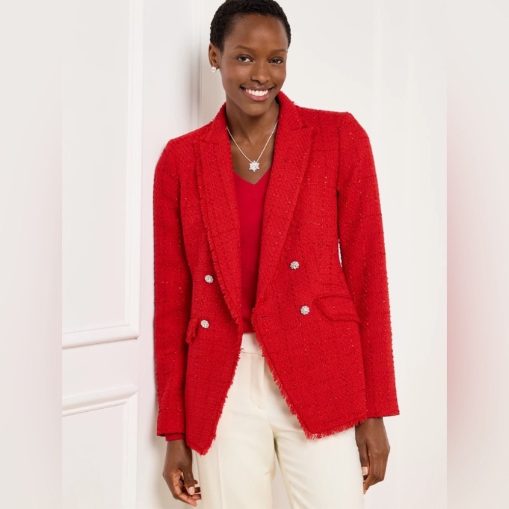 Talbots METALLIC FRINGE TWEED DOUBLE BREASTED
BLAZER Red fringe Wool Blend Sz 10